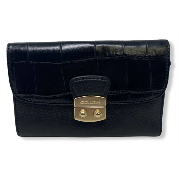 Coach Women's Medium Envelope Crocodile & Refined Pebble Leather Wallet - Black - Picture 1 of 6